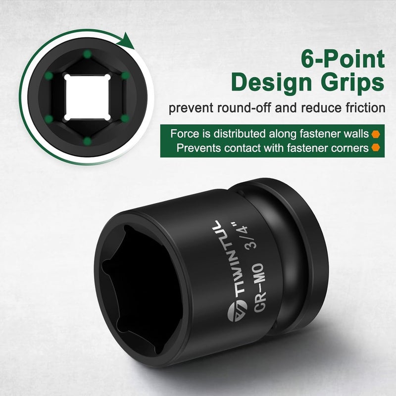 TIWINTUL 3/4" Impact Socket 1/2 Inch Drive, Shallow CR-MO Steel Impact Socket, 6 Point Design, 1.5" Length, SAE Size Socket for Auto Repair, Machinery Maintenance and Construction - Image 4